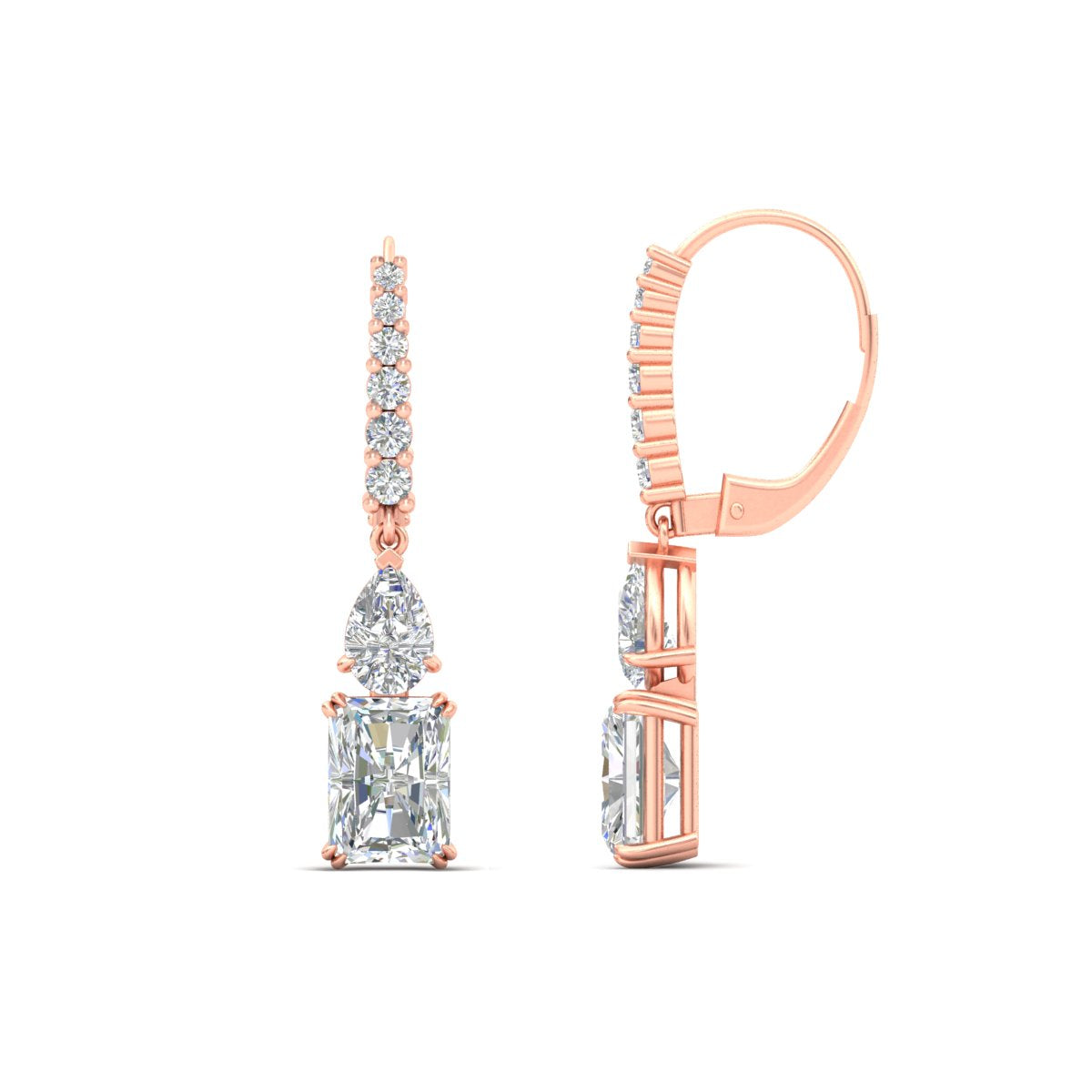 Radiant And Pear Cut Diamond Lever Back Drop Earrings