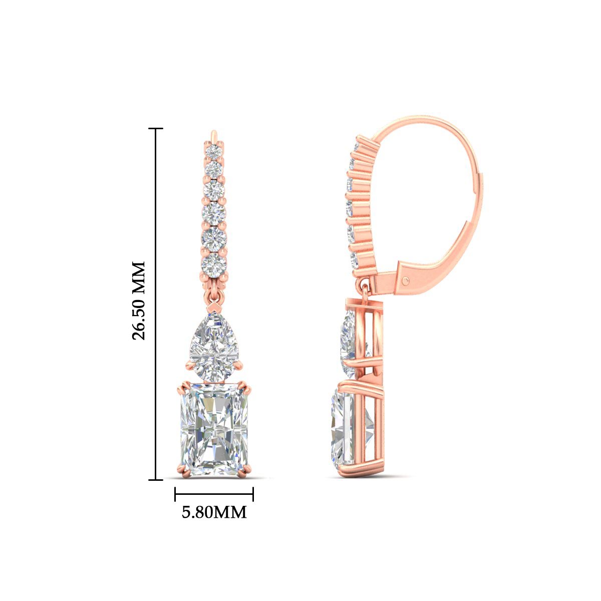 Radiant And Pear Cut Diamond Lever Back Drop Earrings