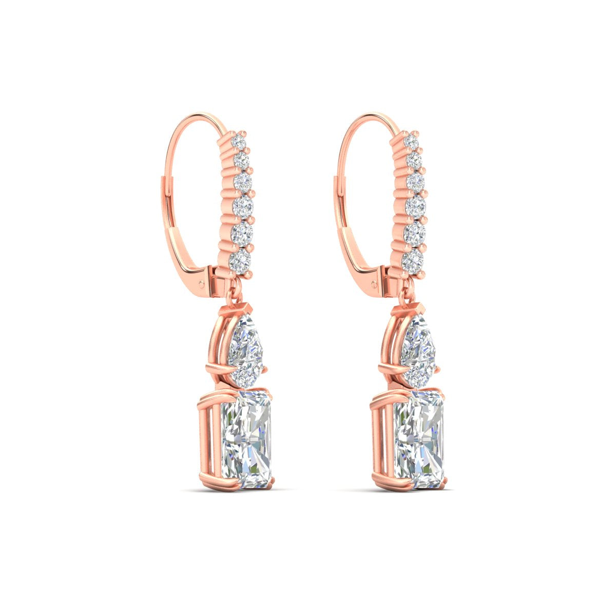 Radiant And Pear Cut Diamond Lever Back Drop Earrings
