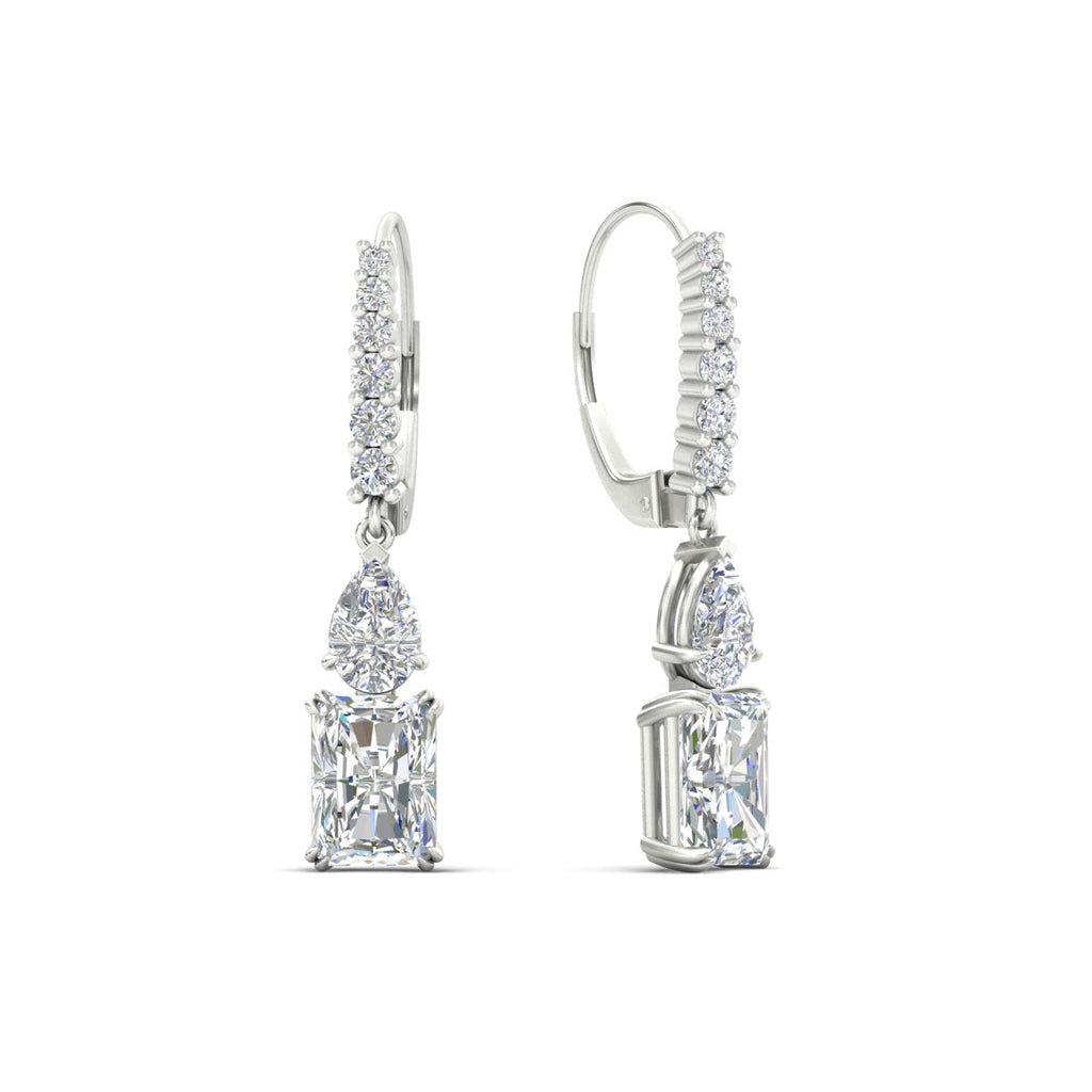 Radiant And Pear Cut Diamond Lever Back Drop Earrings