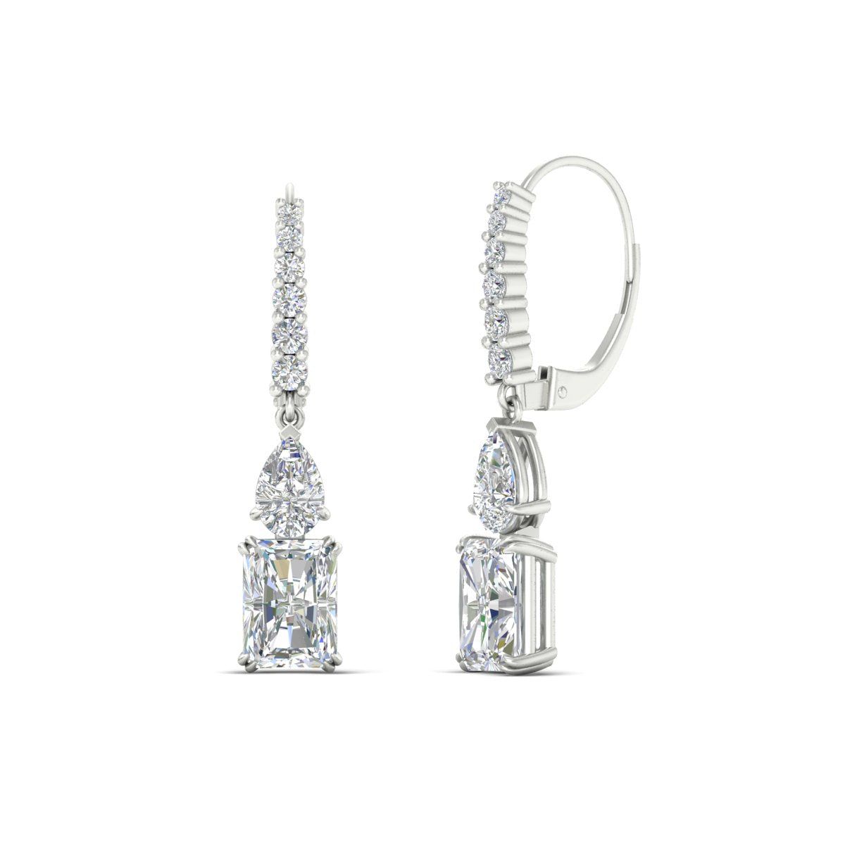 Radiant And Pear Cut Diamond Lever Back Drop Earrings