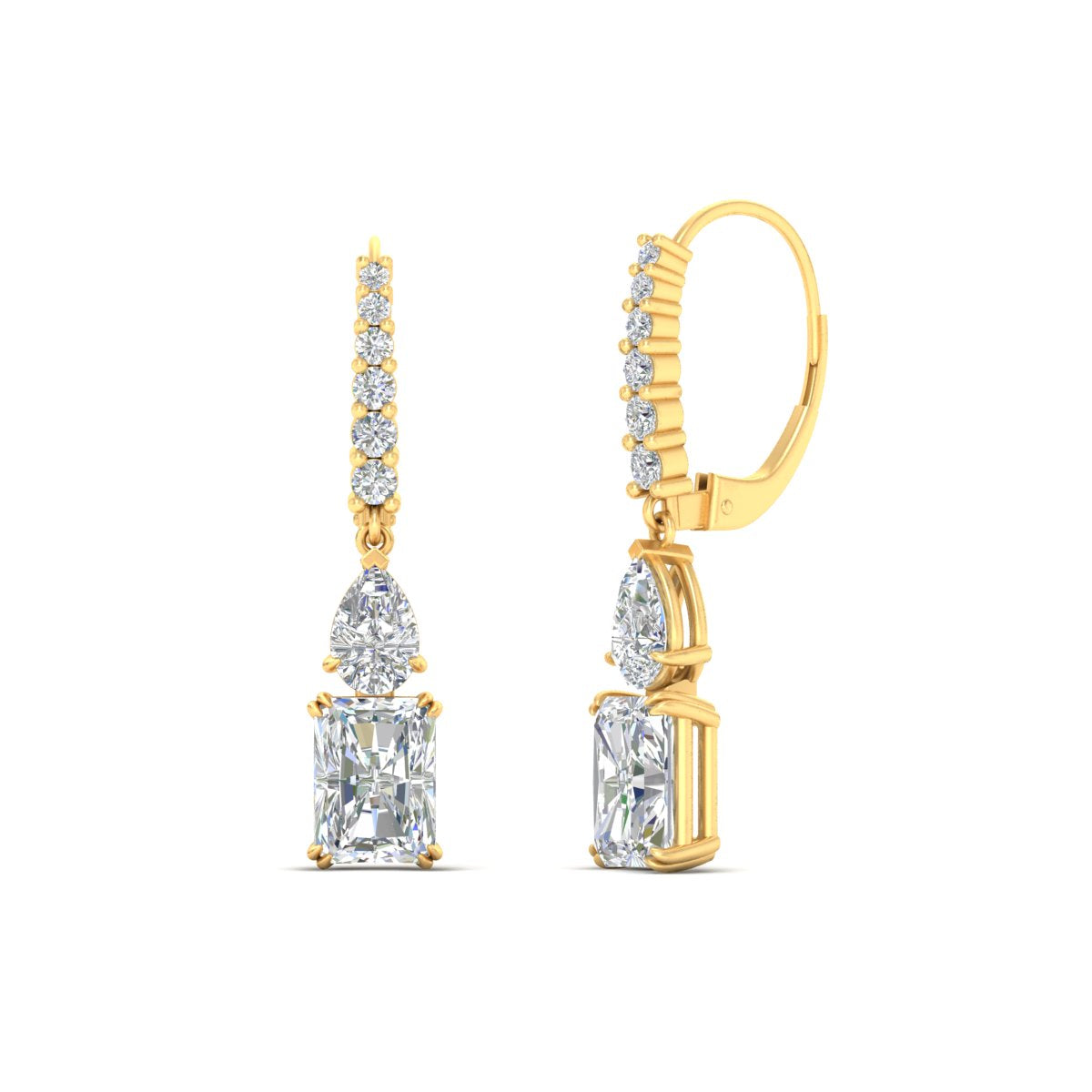 Radiant And Pear Cut Diamond Lever Back Drop Earrings